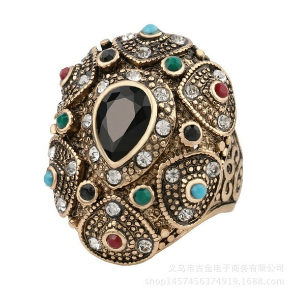 Kachbutis Vintage Waterdrop Glass Finger Rings Statement Ring for Women Gold Plated Boho Rings for Women Retro Jewelry Size 7