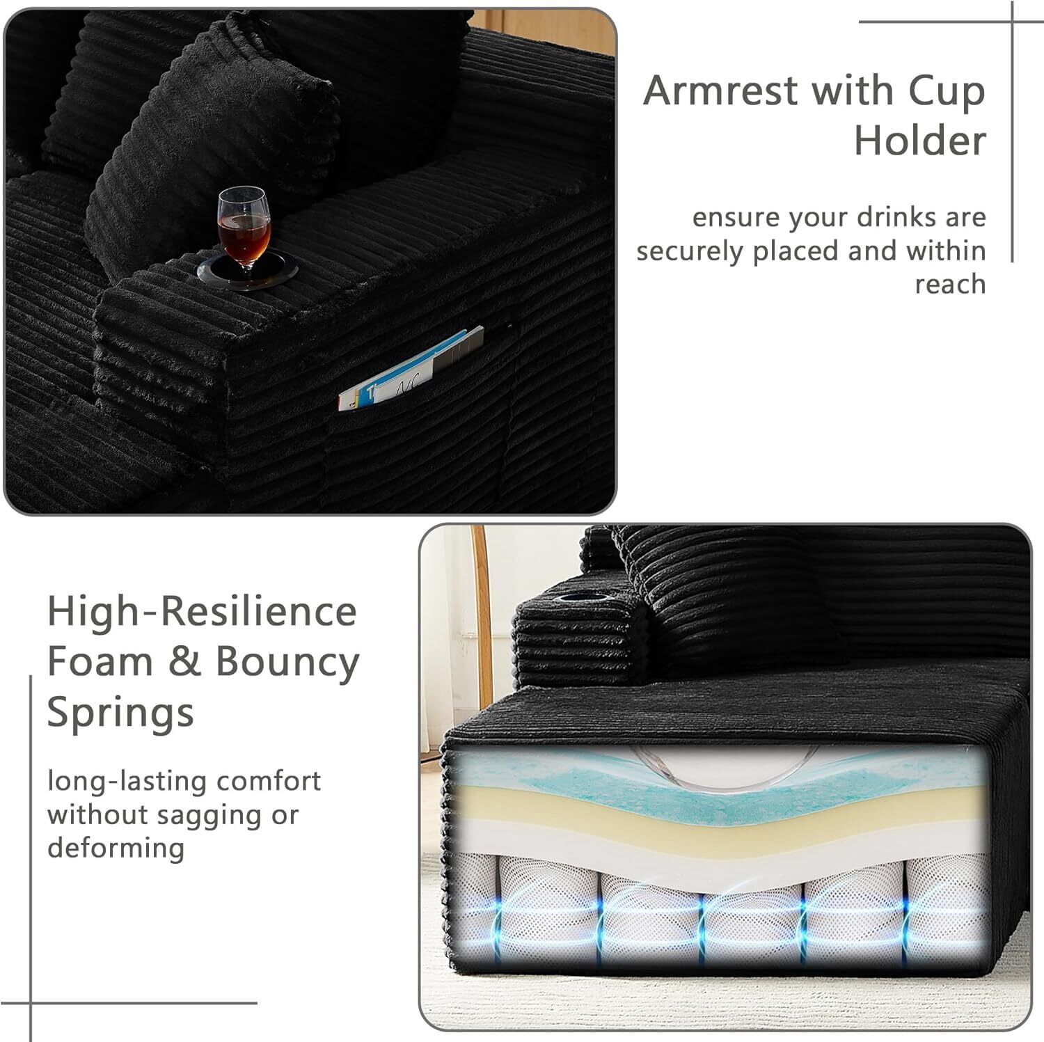 134 Inch Cloud Couch U-Shaped Modular Sectional Sofa, Deep Seat Corduroy Boneless Sofa with Cupholders & Side Storage, Modern Upholstered Couches for Living Room, No Assembly,Black