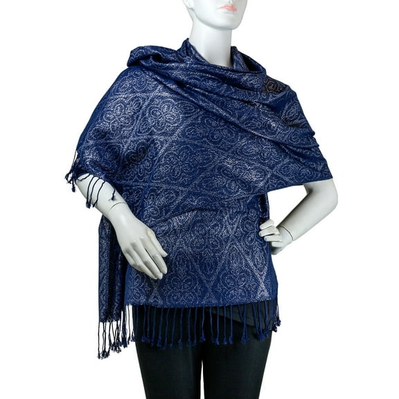 JESSICA MCCLINTCOK NAVY/SILVER DRESSY SHAWL WITH FRINGE