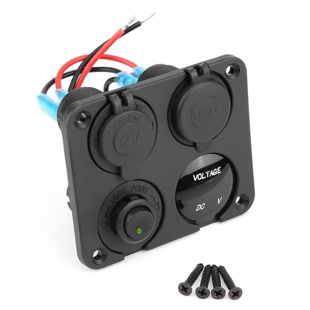 Herwey Switch Panel Cigarette Lighter Socket, Dual USB Switch Panel,4 Gang ON/OFF Toggle Switch Panel Dual USB Charger Cigarette Lighter Socket Voltmeter
