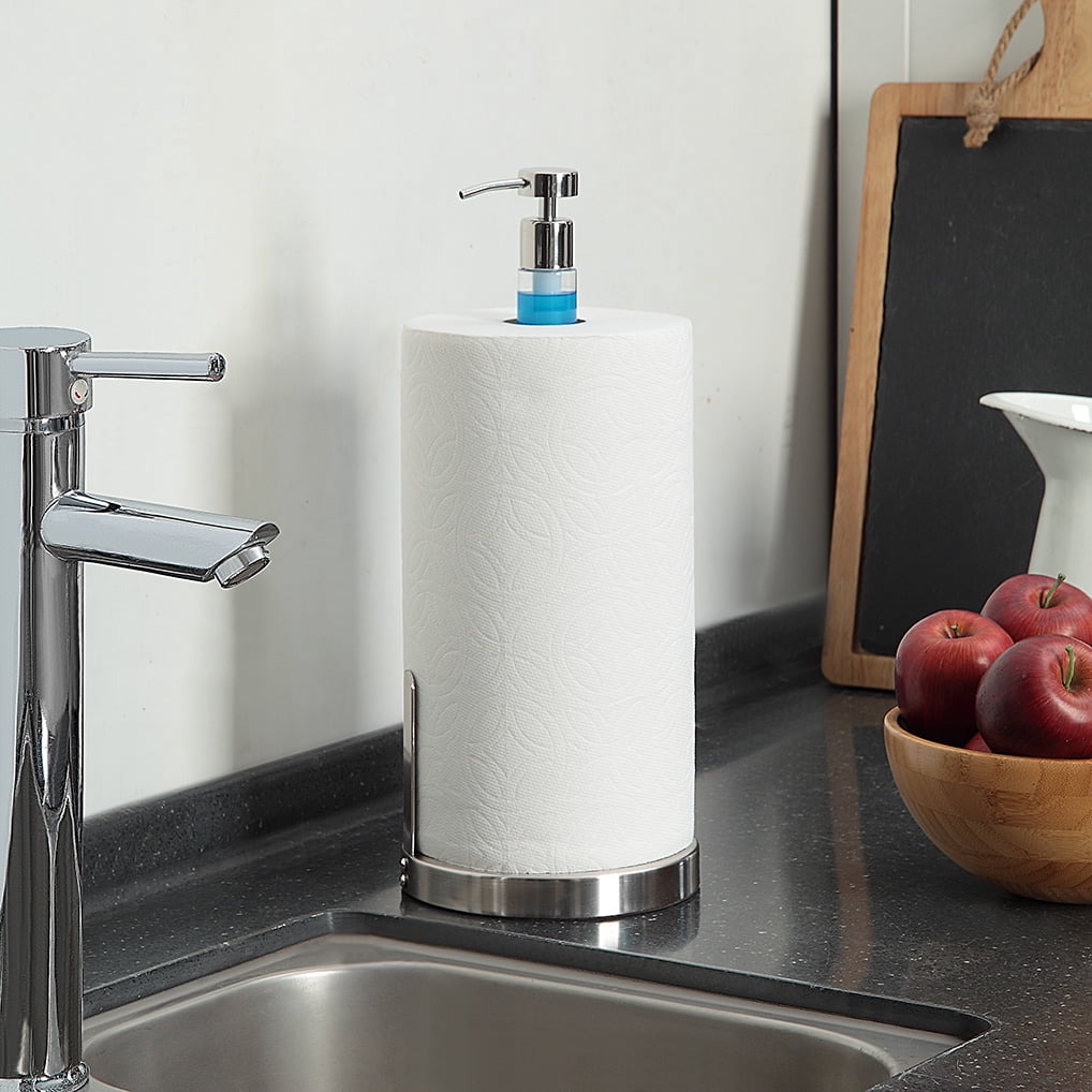 SunnyPoint Heavy Weighted Paper Towel Holder Stand with Built-in Pump Bottle – Satin Nickel