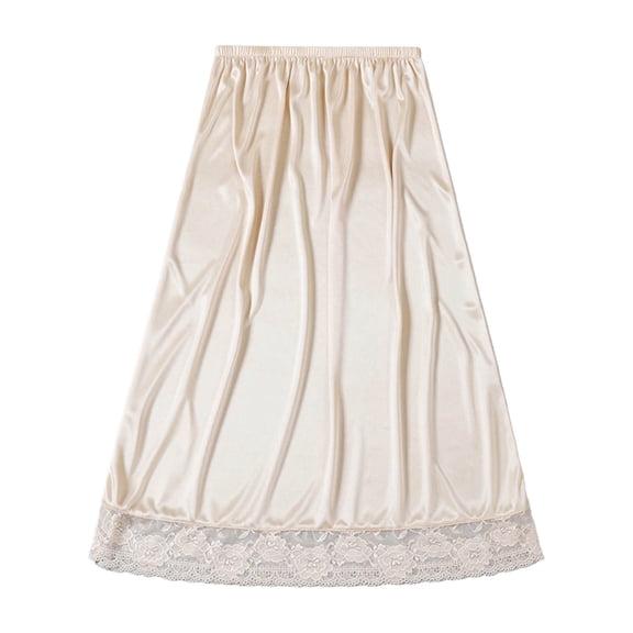 Ruimatai Women's High Waisted Elastic Lace‑Trim Midi Slip Underskirt Anti‑See‑Through Liner Skirt for Elegant Casual Summer Layering Wear