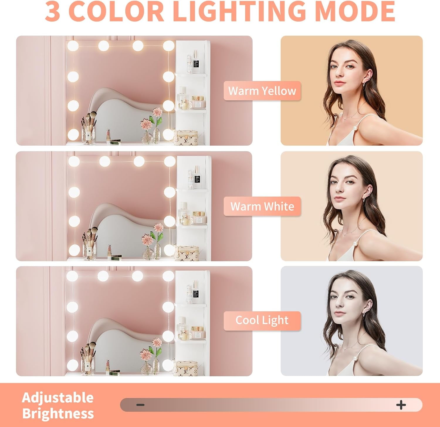 Vanity Desk with Mirror and Lights, NEORIVER White Vanity Mirror with Lights with Large Drawer and 6 Level Storage, White Vanity with Large Led Mirror with 3 Color Lighting Modes