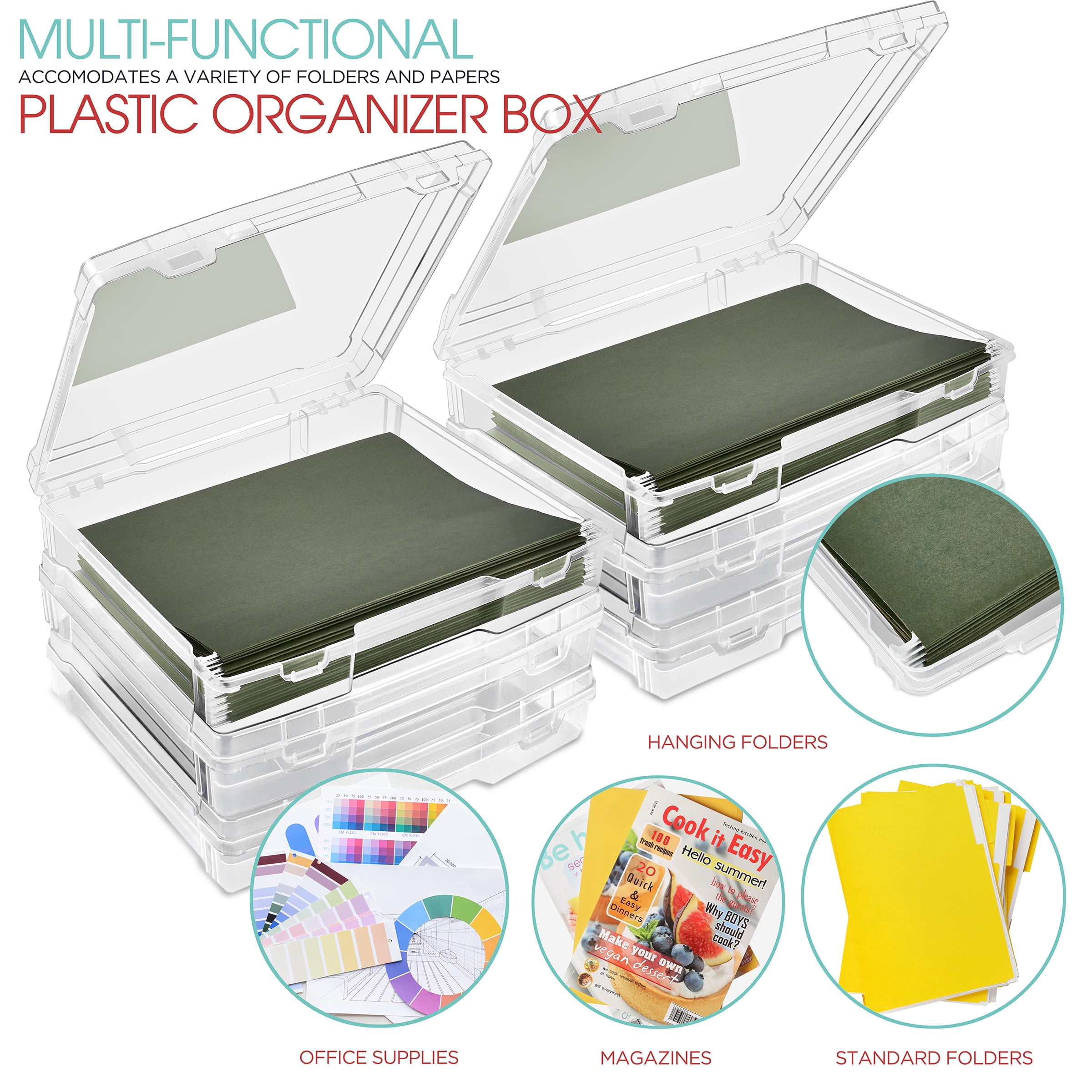 Sorbus Set of 6 Wide Hanging File Organizer Bin Clear Plastic Stackable for Document Storage