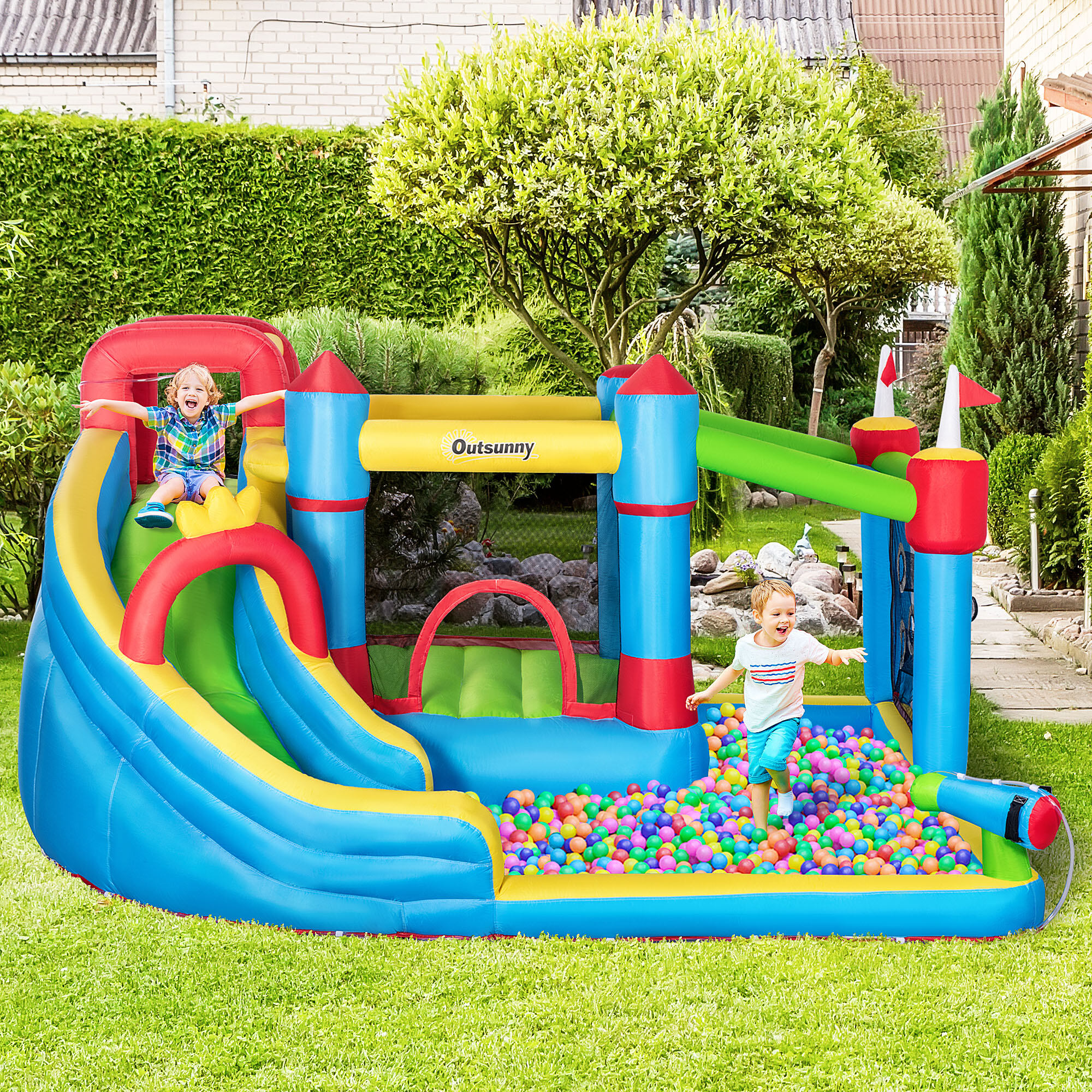 Kids Outdoor Toys, 6-in-1 Inflatable Bounce House with Slide, Climbing Wall, Water Cannon, and More, Inflatable Water Slide for Kids with 2 Min. Inflation with Inflator, Outdoor Play Equipment