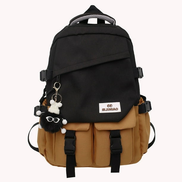 Mochila De Estudiante Mochila para mujer Bolsas de libros de colores en contraste para adolescentes con colgante (negro)