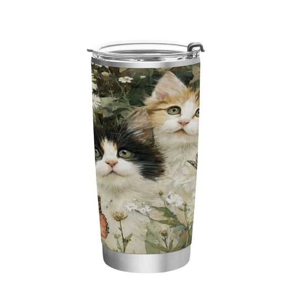 20oz Stainless Steel Tumbler with Straw, Double Wall Insulated Travel Tumbler Adorable Cats and Daisies