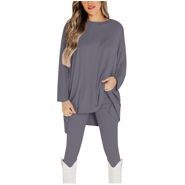 Besolor Ensemble 2 Pcs pour Femmes, Décontracté, Col Ras du Cou, Manches Longues, Hauts Irréguliers et Ensembles de Leggings, Survêtement Grande Taille