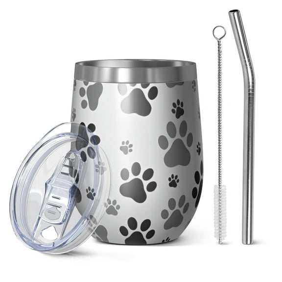 12oz Stemless Wine Tumblers Grey Dog Paw Footprint Vacuum Insulated Stainless Steel Travel Tumbler Cups Mug with Lid and Straw for Champaign,Cocktail,Beer with Cleaning Brush