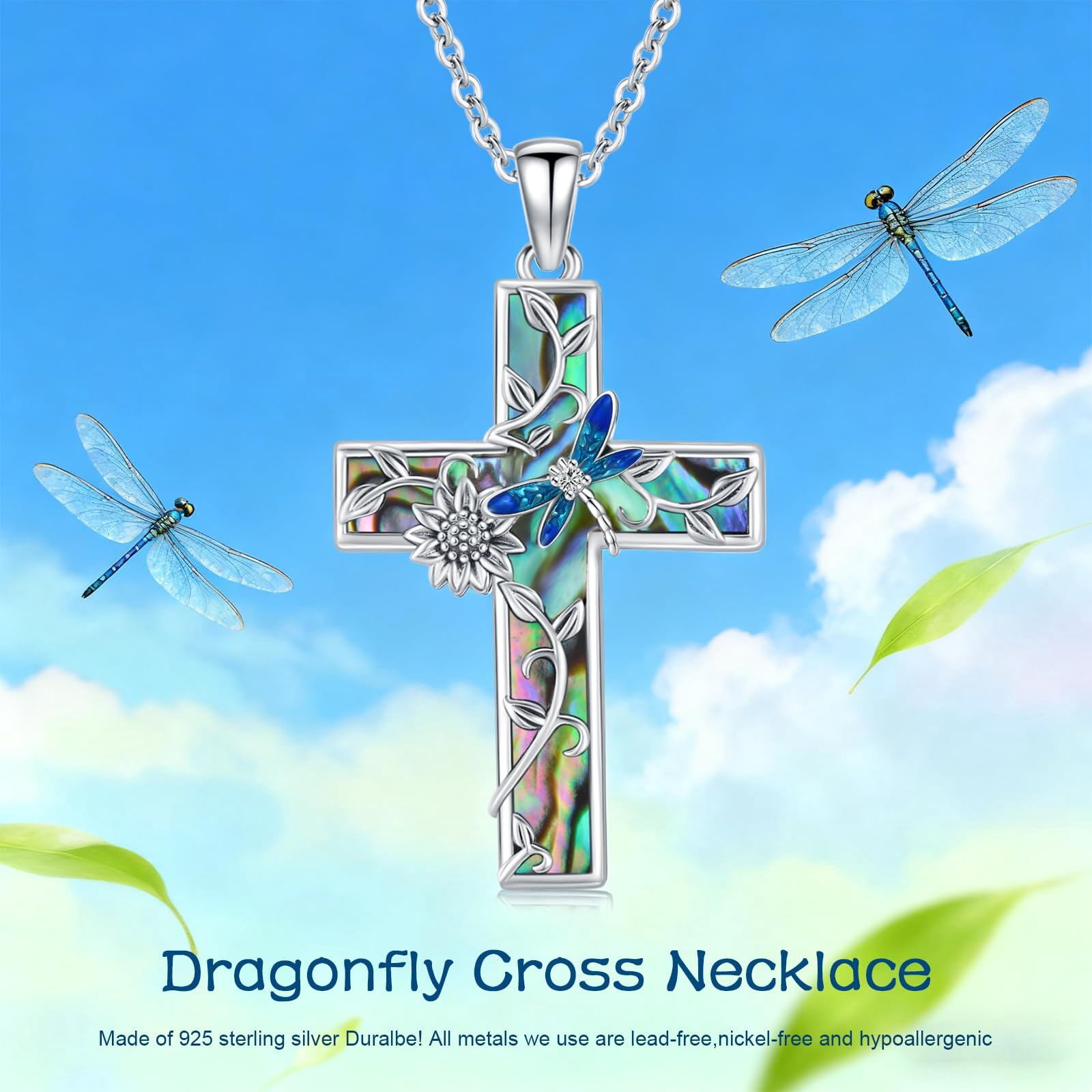 Coachuhhar Sunflower Cross Necklace 925 Sterling Silver Dragonfly Pendant Necklace Abalone Jewelry Gifts for Women Mom Birthday