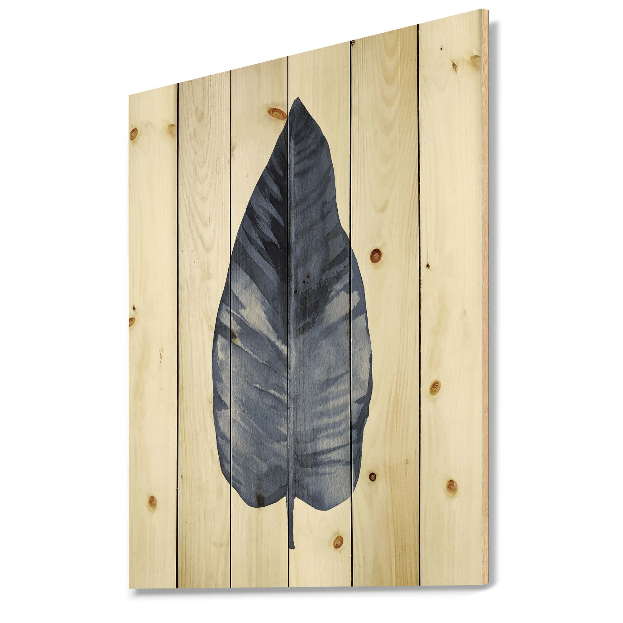 Designart 'Blue Leaf Watercolour On White Background' Traditional Print on Natural Pine Wood