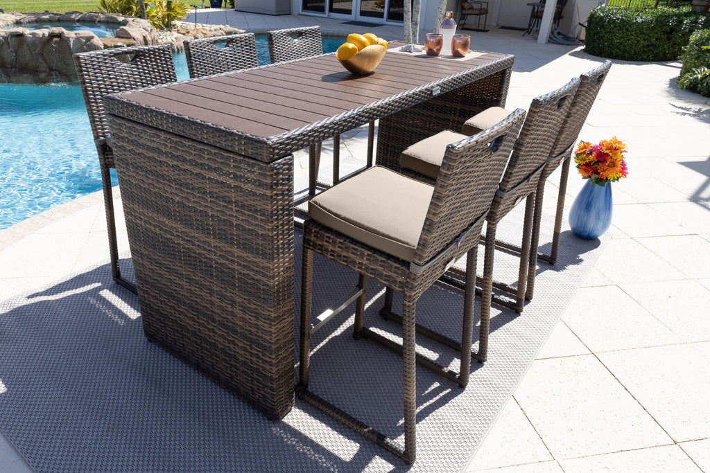 Sorrento 7-Piece Resin Wicker Outdoor Patio Furniture Bar Set in Brown w/Bar Table and Six Bar Chairs (Flat-Weave Brown Wicker, Sunbrella Canvas Taupe) - image 3 of 5