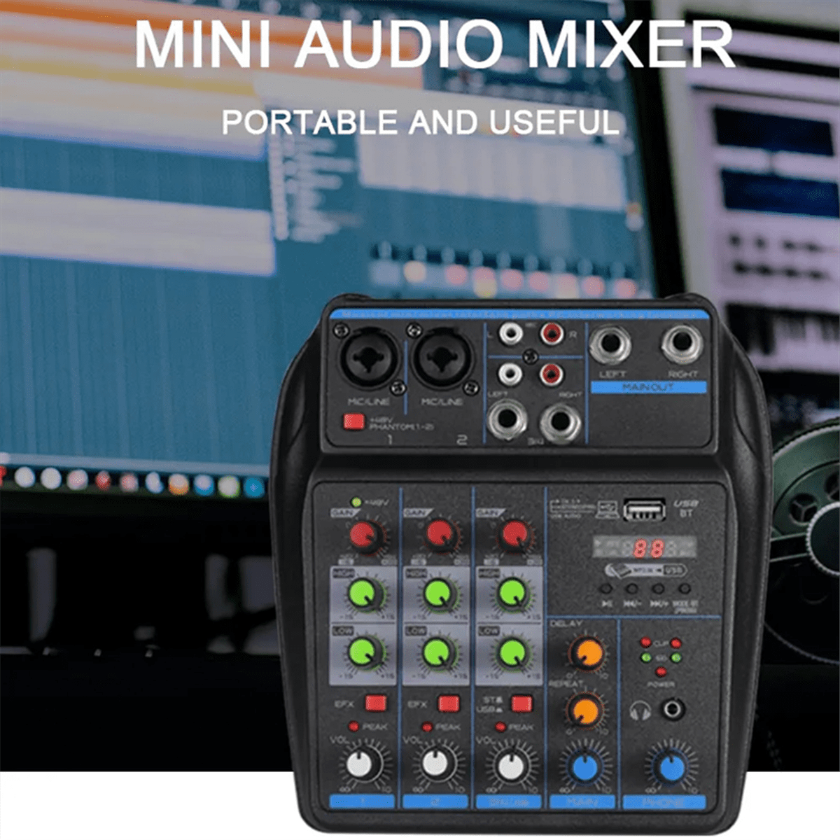4 Channel Audio Mixer Mini Sound Mixing Console Bluetooth 48V Power Supply for Music DJ Recording Karaoke System