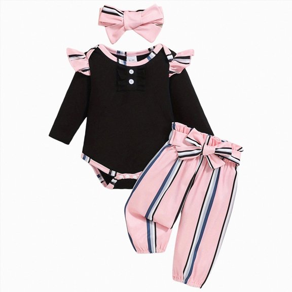 larppty Preemie Newborn Baby Girls Clothes Ribbed Romper Bodysuit Pants Set Ruffle Spring Summer Outfits(3-6 Months)
