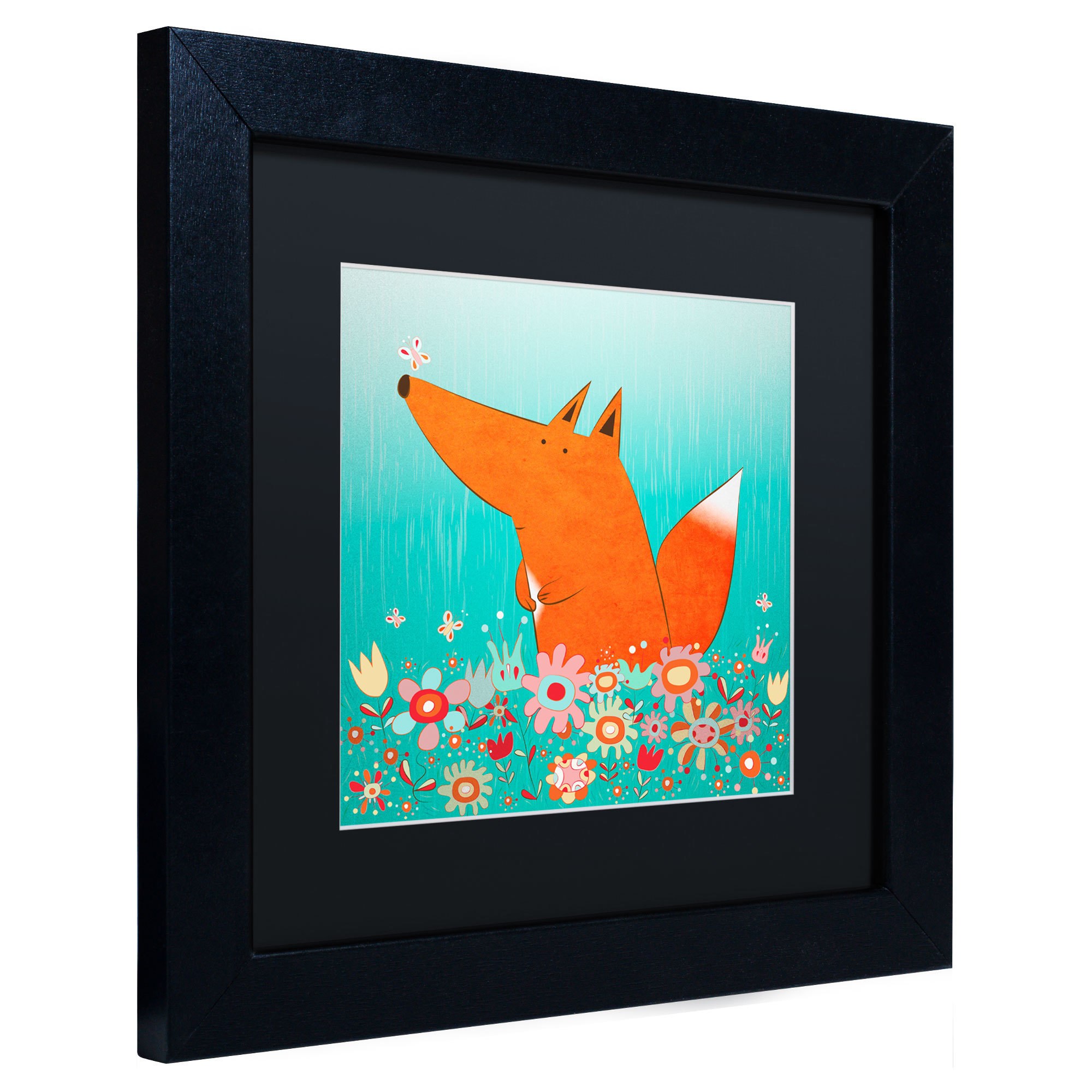 Carla Martell 'Fox in Flowers' Black Matted Framed Art