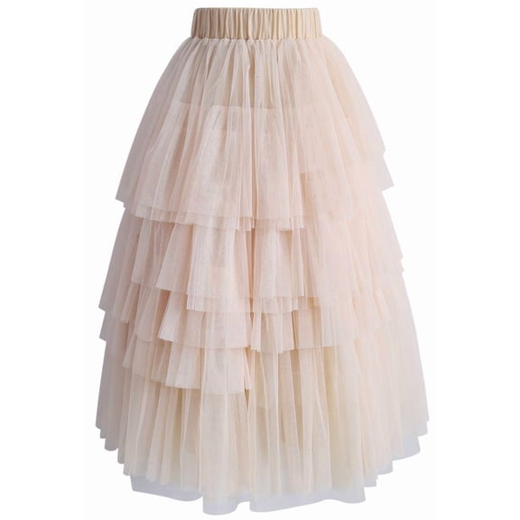 Chicwish Women's Nude Pink Tiered Layered Mesh Ballet Prom Party Tulle Tutu A-line Midi Skirt, X-Small / Small