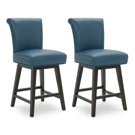 CHITA 26 in Upholstered Swivel Counter Bar Stools with Back&Wood Legs Set of 2, Faux Leather in Dark Blue