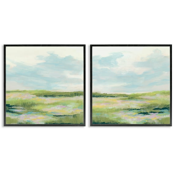 Stupell Industries Pastel Meadow under Blue Sky Landscape & Nature Painting Black Framed Art Print Wall Art, 12 x 12, Set of 2