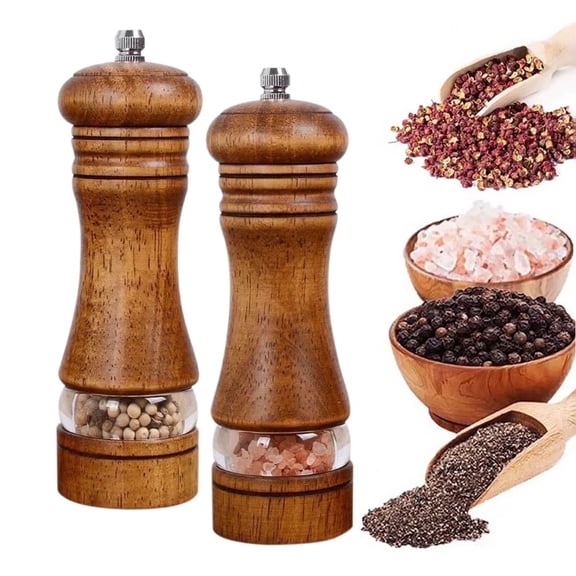 Sugagale 2 Piece Refillable Adjustable Coarseness Solid Oak Wood with Ceramic Stainless Steel Core Brown Salt and Pepper Mill Set