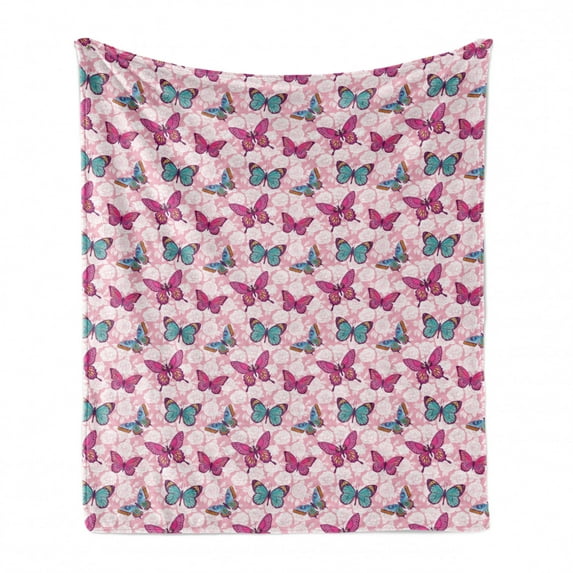 Spring Soft Flannel Fleece Blanket, Butterfly on Blooming Romantic Flowers Pale Pink Background Hand Drawn Illustration, Cozy Plush for Indoor and Outdoor Use, 50" x 70", Multicolor, by Ambesonne