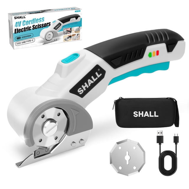 SHALL 4V Cordless Electric Scissors, Rechargeable Cardboard Cutter Rotary Electric Box Cutter w/Safety Lock, LED Light &