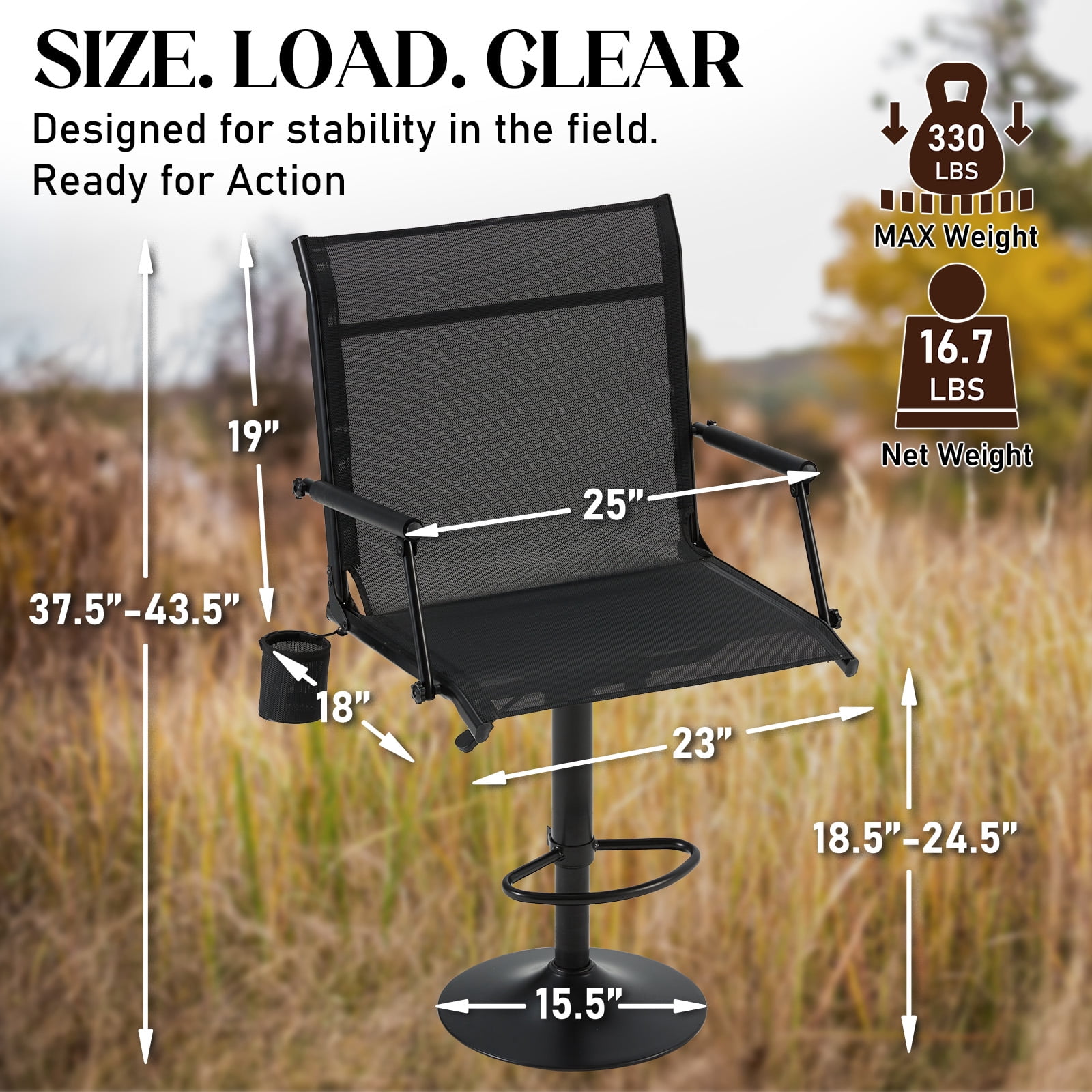 Danrelax Tall Pedestal Swivel Hunting Bar Chair, Footrest Ring, Mesh Back, Armrests