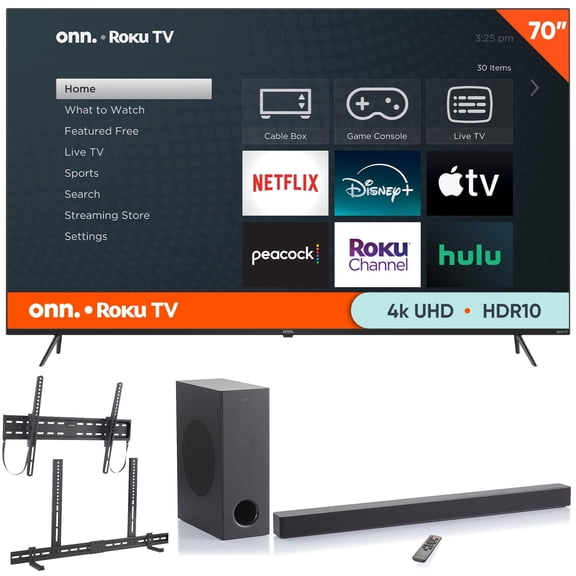 Onn 70" 4k Roku TV with onn. Tilting TV Wall Mount for 50â€ â€“ 86â€ TVs and onn. 3.1 Atmos Soundbar with Wireless Subwoofer, 37"