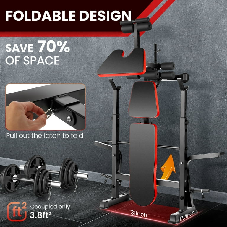 VIBESPARK Adjustable Weight Bench 600lbs 5 in 1 Foldable Workout Bench Set with Barbell Rack Leg Developer Preacher Curl Rack Dumbbell Fly Attachment
