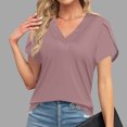thumbnail image 2 of Women's Loose V-Neck Solid Color Short Sleeve Tops ,Watermelon Red-0P S, 2 of 6