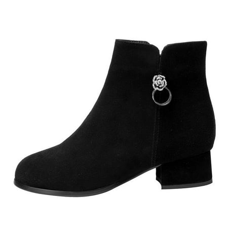 

BELLZELY Wide Width Women Shoes Clearance Women s New Plus-size Suede High Heels Frosted Side Zipper Short Heel Chunky Ankle Boots