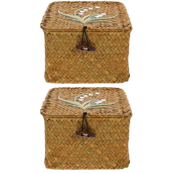 2 PCS Empty Rattan Gift Box Trinket Storage Bins Pantry Laundry Basket Toy Hamper with Lid