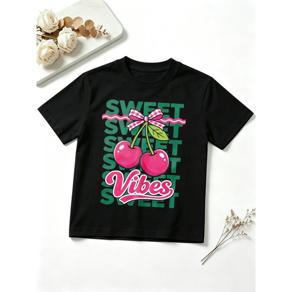 Girls Graphic Tees Sweet Vibes Cherry Typography Short Sleeve Kids T-Shirt, 100% Cotton Soft Casual Tops for Children