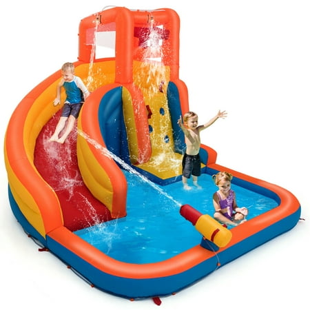 Gymax Inflatable Splash Water Bouncer Slide Bounce House w/ Climbing Wall & Water