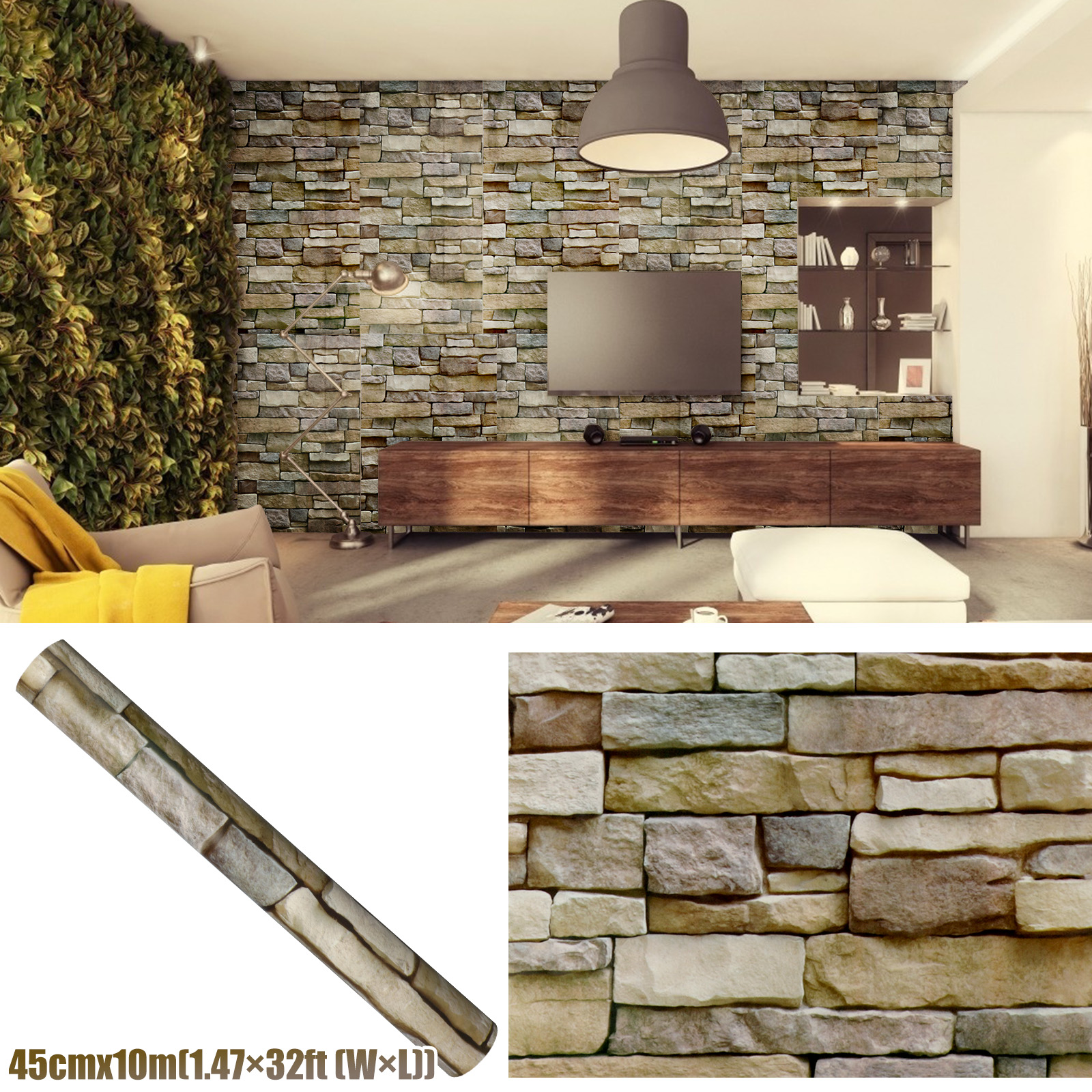 10m 3D Rock Brick Wallpaper Sticker Self-adhesive Decor for Living Room Bedroom 