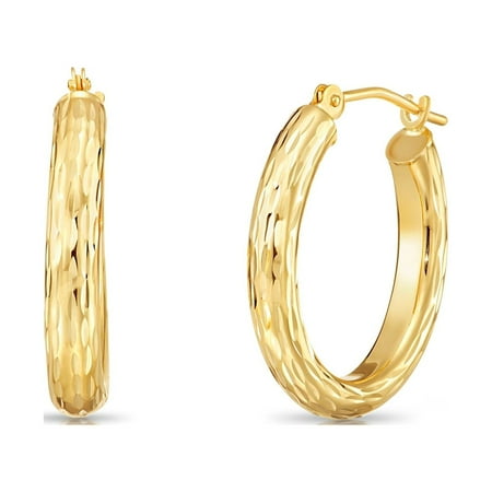 Tilo Jewelry 14K Yellow Gold Hand Engraved Oval Hoop Earrings | 0.7 Inch | Women & Unisex