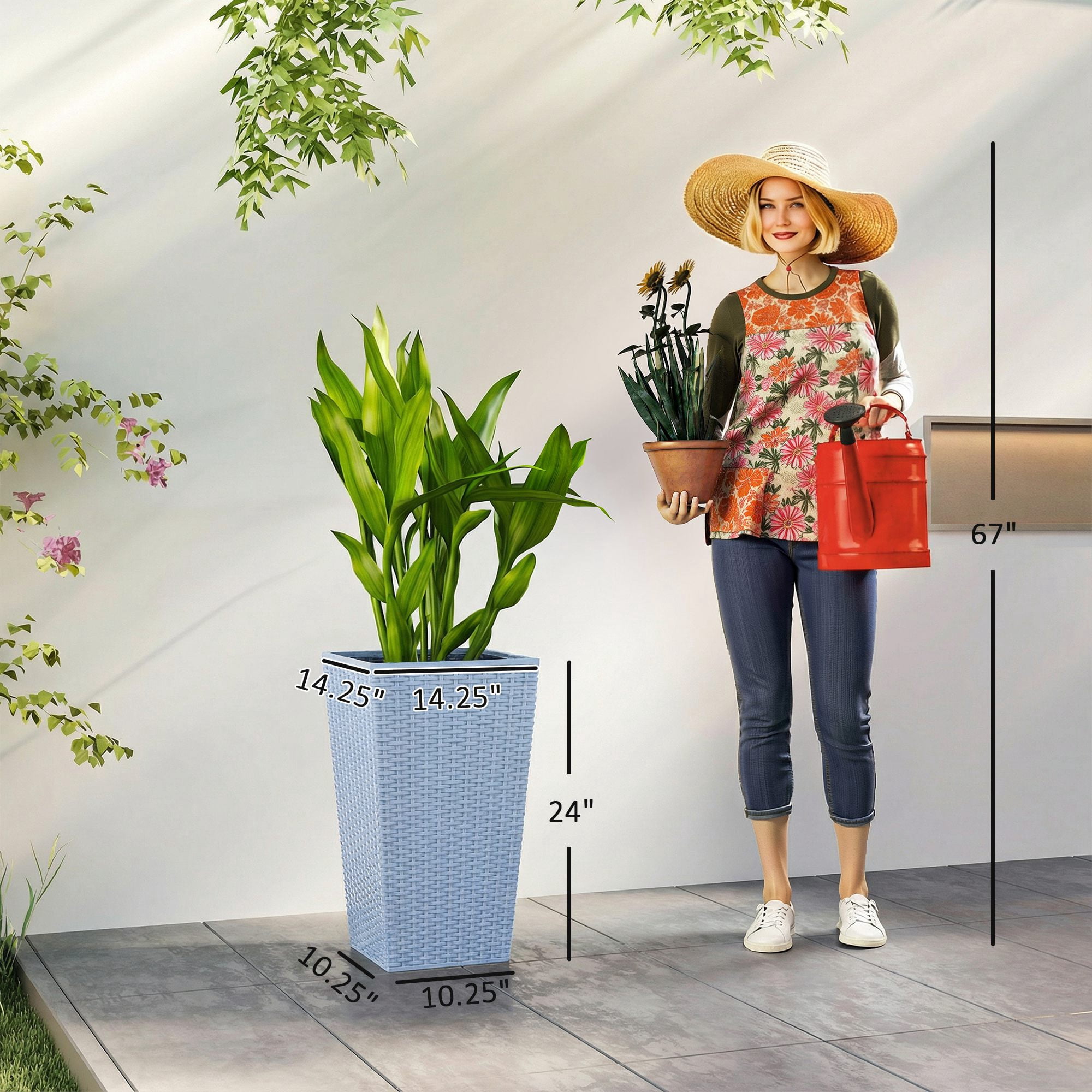 Outsunny Set of 3 Tall Planters with Drainage Holes, Outdoor & Indoor Flower Pot Set for Front Door, Entryway, Patio and Deck, Light Gray