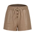thumbnail image 3 of MIUOWANP Women's Summer Elastic Waist Shorts Faux Button Drawstring Waist Leather Look High-Waisted with Slits Casual Shorts Size L(8)Khaki, 3 of 5