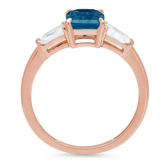 1.5 ct Emerald Cut Natural London Blue Topaz Three-Stone Engagement Ring for Women in 18K Rose Gold