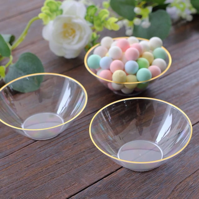 HLONK 10 Pack Glitter Gold Clear Hammered Plastic Charger Plates Round Disposable Serving Plates With Gold Rim - 13”