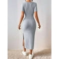 thumbnail image 5 of Women 2025 Summer Ribbed Short Sleeve Bodycon Maxi Dress Side Slit Knit Square Neck Long Sundress Light Gray M, 5 of 9