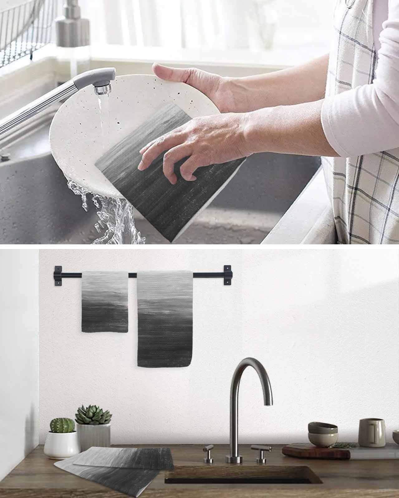 Grey Ombre Hand Towels Set, Waffle Weave Kitchen Towels 2 Pieces, Modern Abstract Art Ocean Oil Painting Microfiber Hair Face Bath Tea Towel Absorbent Quick Drying Cleaning Dish Cloths 15.7"x23.6"