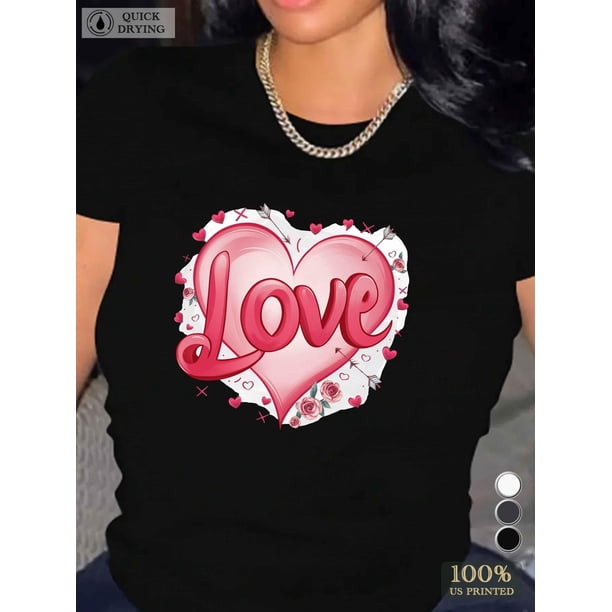 Valentine'S Day Gift! Valentine'S Day Love Print Women'S T-Shirt- Comfortable Polyester, Short SleevCamisetas de verano para mujer, manga corta, cuello redondo, casual, lindo, con gráficos, camisetas