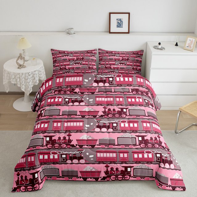 Erosebridal Pink Train Comforter Sets Full Size, Steam Engine Comforters & Duvets, Cartoon Vehicle Decor, Reversible