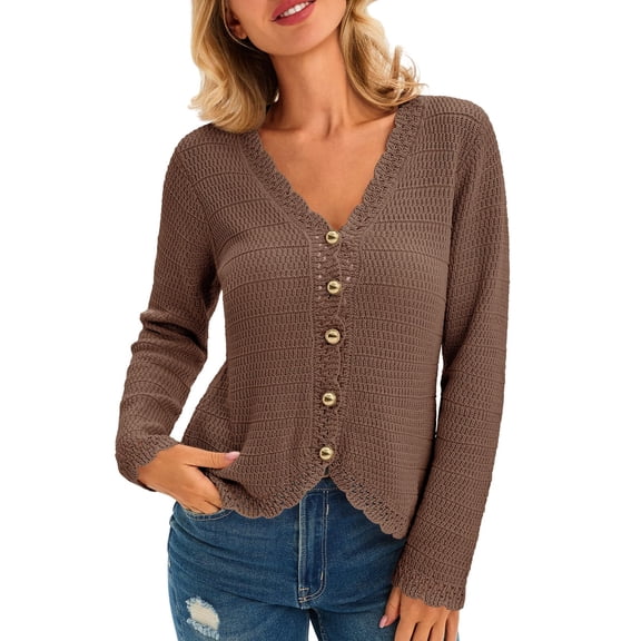 Women's Long Sleeve Button Down V‑Neck Knit Cardigan Scalloped Trim Sweater