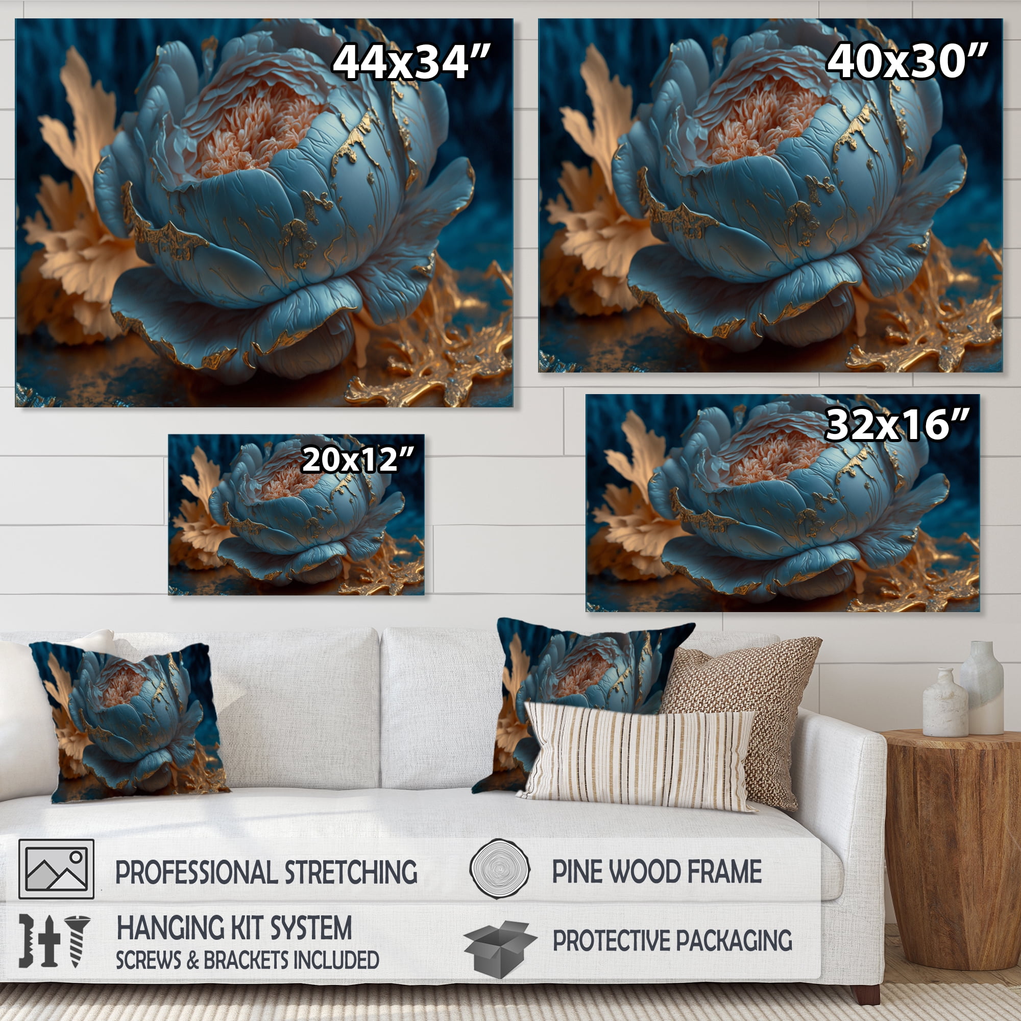 Designart Ice Blue And Gold Peony II Canvas Wall Art