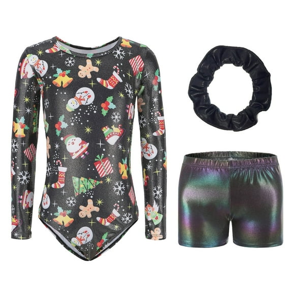 Christmas Gymnastic Leotards for Girl Long Sleeve Athletic Dance Bodysuit Outfit with Pants and Hairband，Black