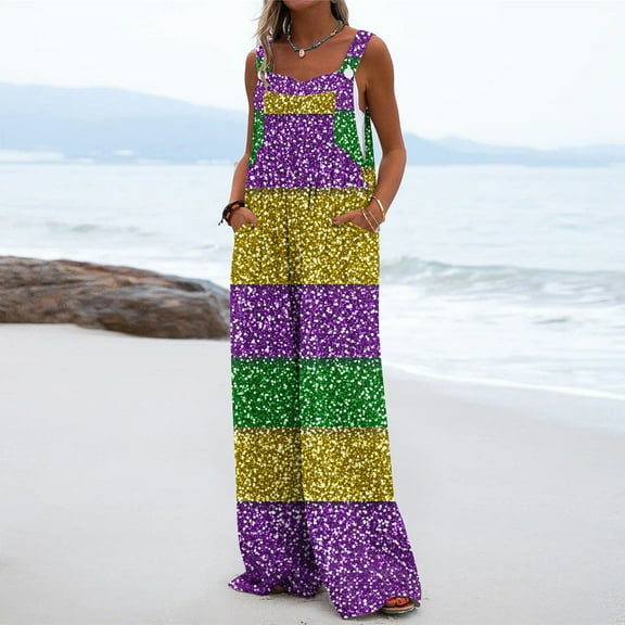 Xixinqiwan Women's Mardi Gras Clothing,Women's Color Block Print Long Playsuit Carnival Party Jumpsuit Celebration Parade Bib Overalls Sleeveless Wide Leg Rompers with Pockets