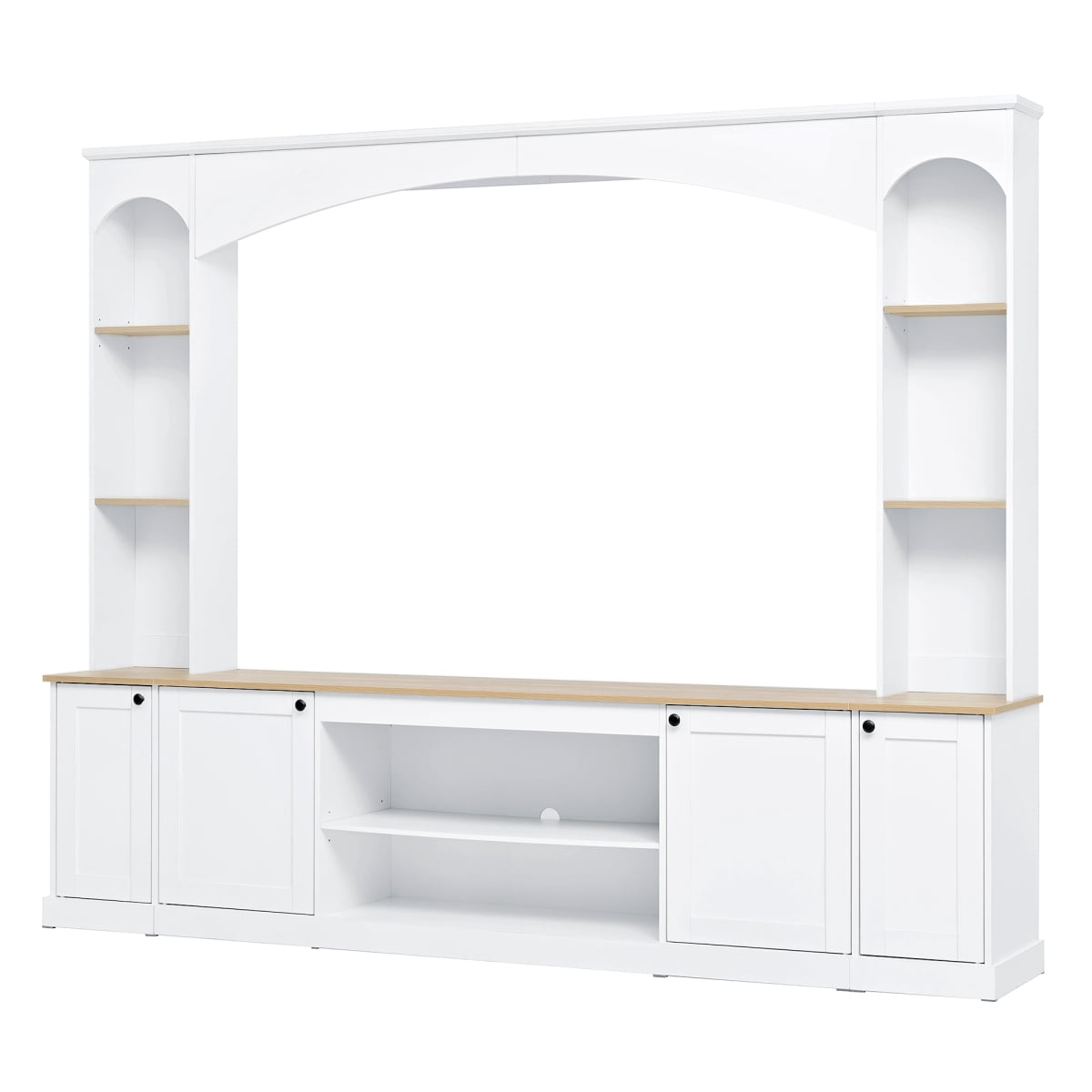 Luckynote Farmhouse TV Stand, Entertainment Center with Bookshelf, Arched Design Wood Grain for 70" TVs, 91 Inch Media Console with Adjustable Shelves, White