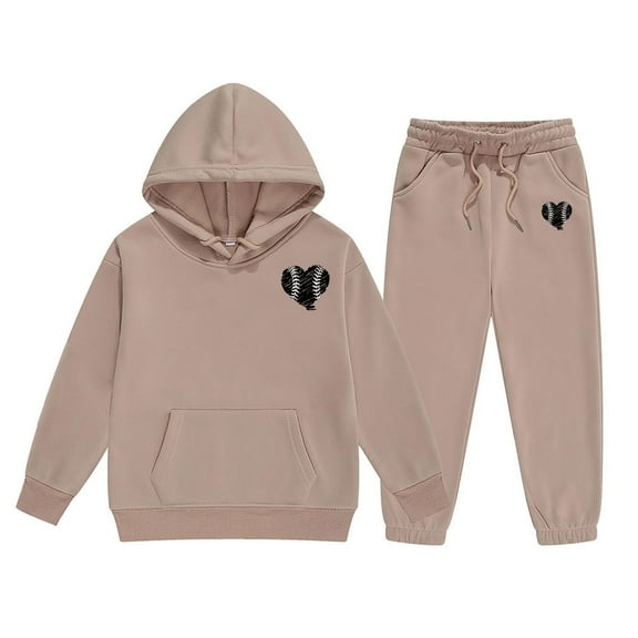 Xijirk Valentines Day Hoodie Set for Girls Two Piece Solid Color Long Sleeve Hoodie and Sweatpants Children Casual Loungewear,Khaki,1-2 Years