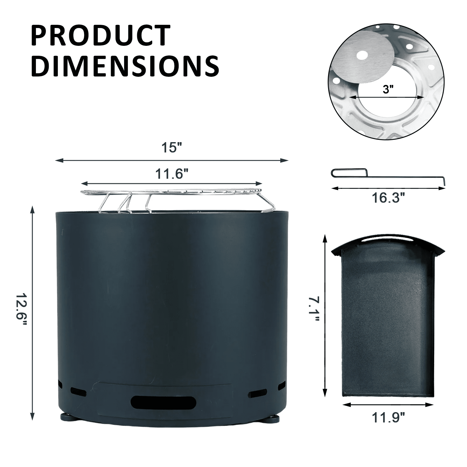 PATIO-IN 15 Inch Black Smokeless Fire Pit, Portable Stainless Steel Firepit with Carry Bag  for Patio, Backyard, Camping